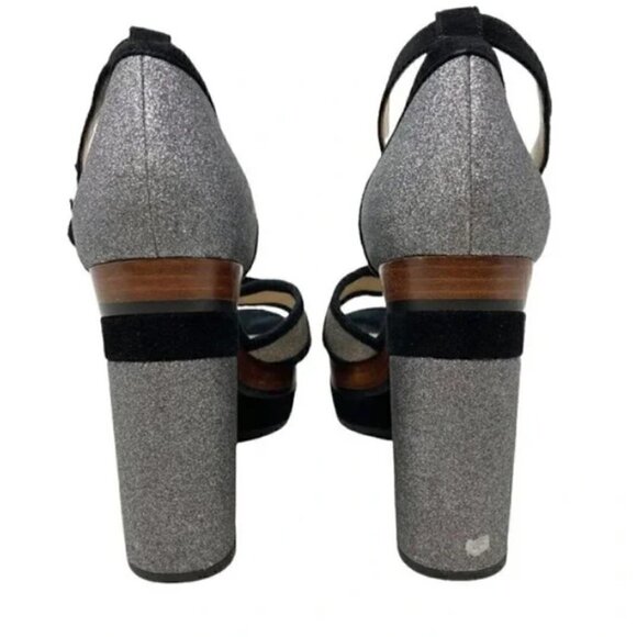 Botkier Paloma Glitter Silver & Black Suede Chunky Heel Sandals - Size 8 - Picture 6 of 10